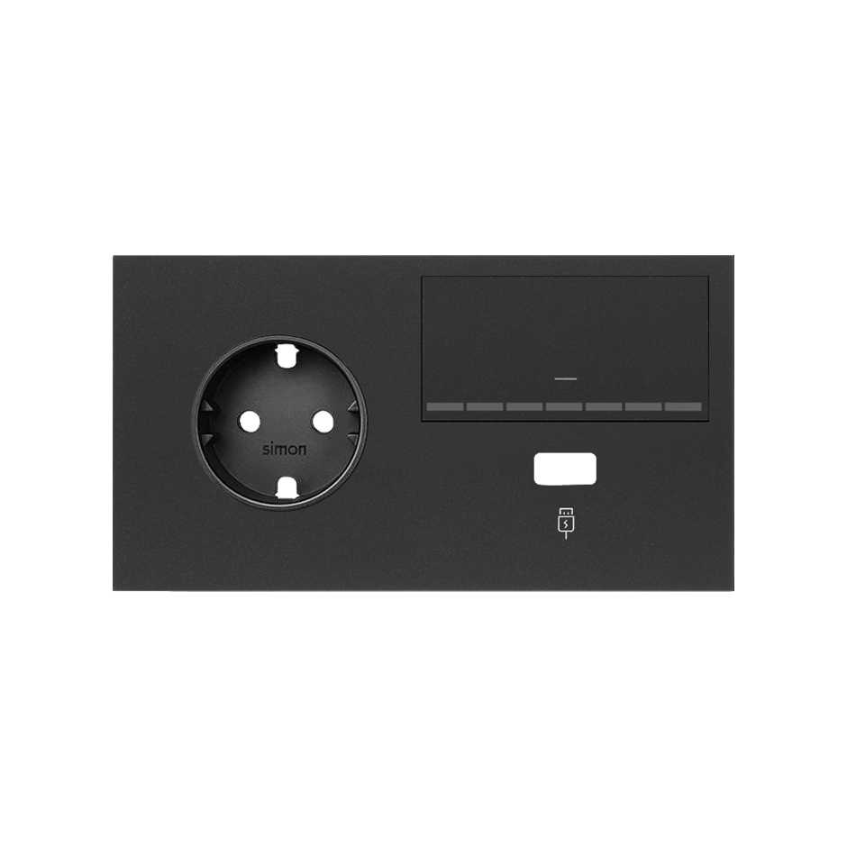 Simon 100 Черный матовый  Кит 2 поста, фронт. Накладка на 1 розетку Schuko (слева) + 1 з/у USB SC + 1 клавиша светорегулятора