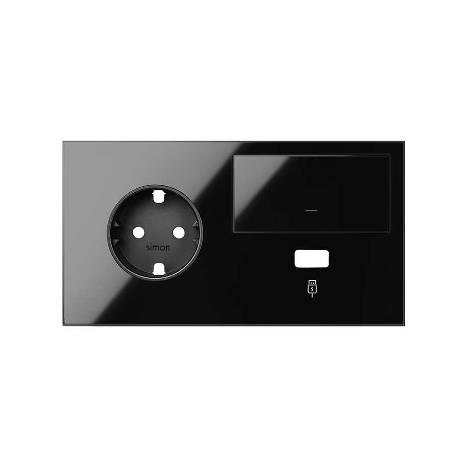 Simon 100 Черный глянец Кит 2 поста, фронт. Накладка на 1 розетку Schuko (слева) + 1 з/у USB SC + 1 клавиша выключателя