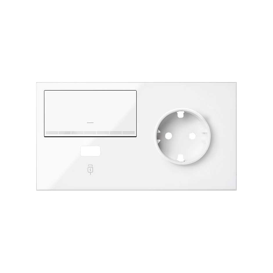 Simon 100 Белый глянец Кит 2 поста, фронт. Накладка на 1 розетку Schuko (справа) + 1 з/у USB SC + 1 клавиша светорегулятора