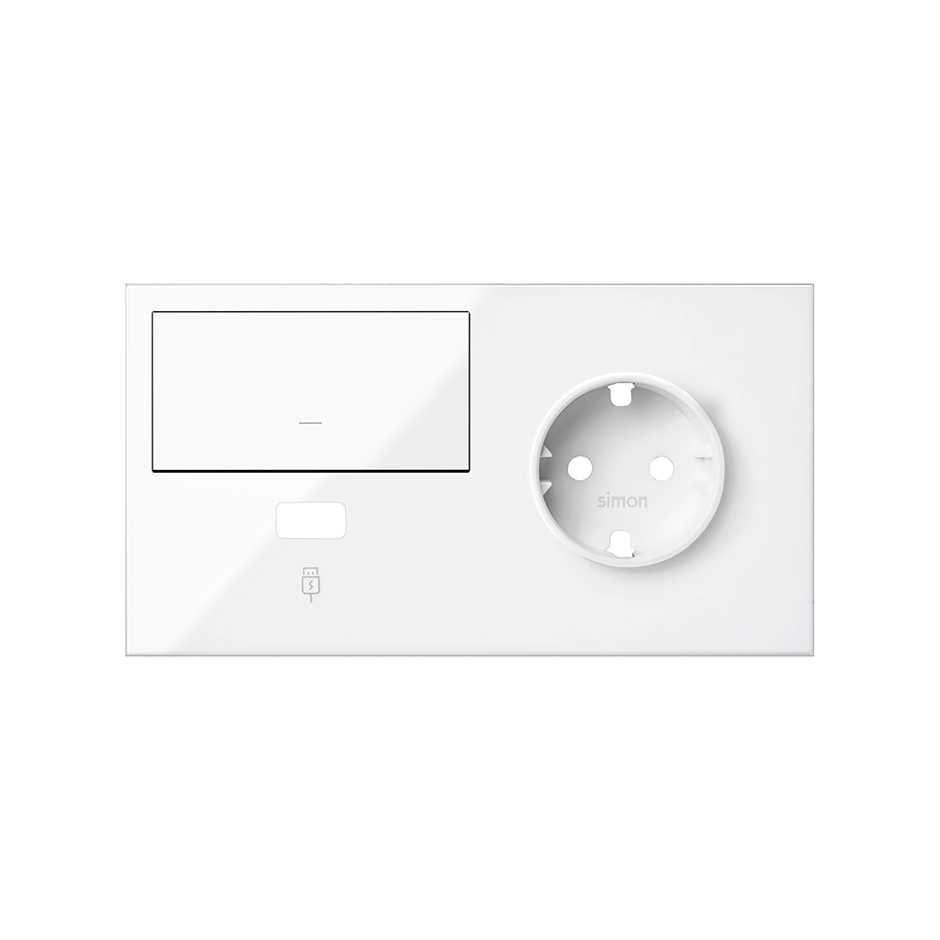 Simon 100 Белый глянец Кит 2 поста, фронт. Накладка на 1 розетку Schuko (справа) + 1 з/у USB SC + 1 клавиша выключателя